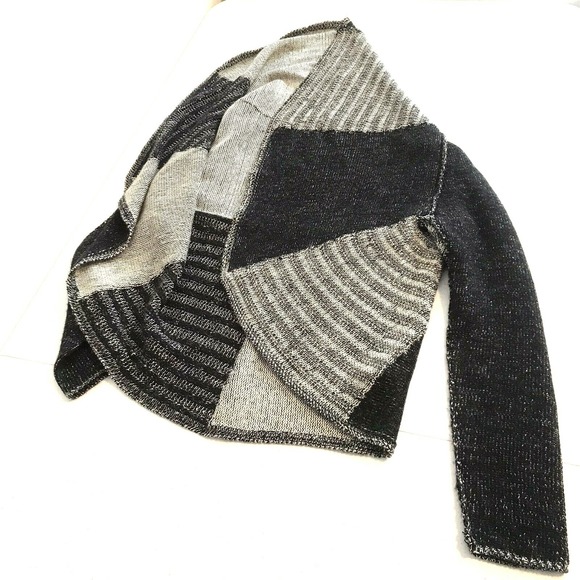 CAbi Medium Wool Blend Open Front Patchwork Cardigan Sweater Black Gray Knit - Picture 5 of 9